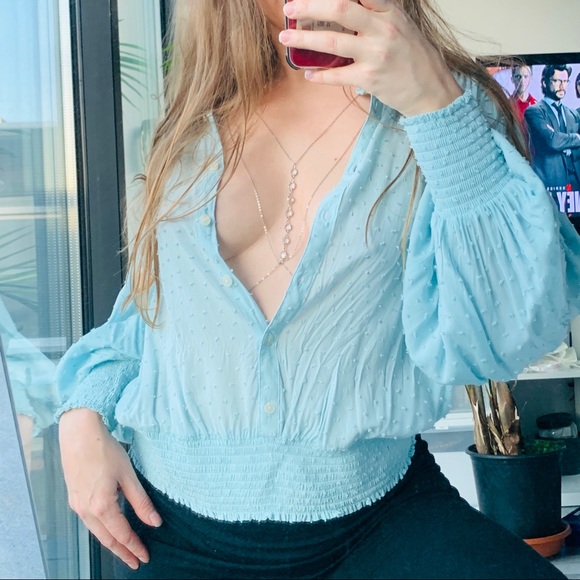 Anthro Maeve Puff Dramatic Sleeves Sky Blue Blouse - Picture 6 of 16